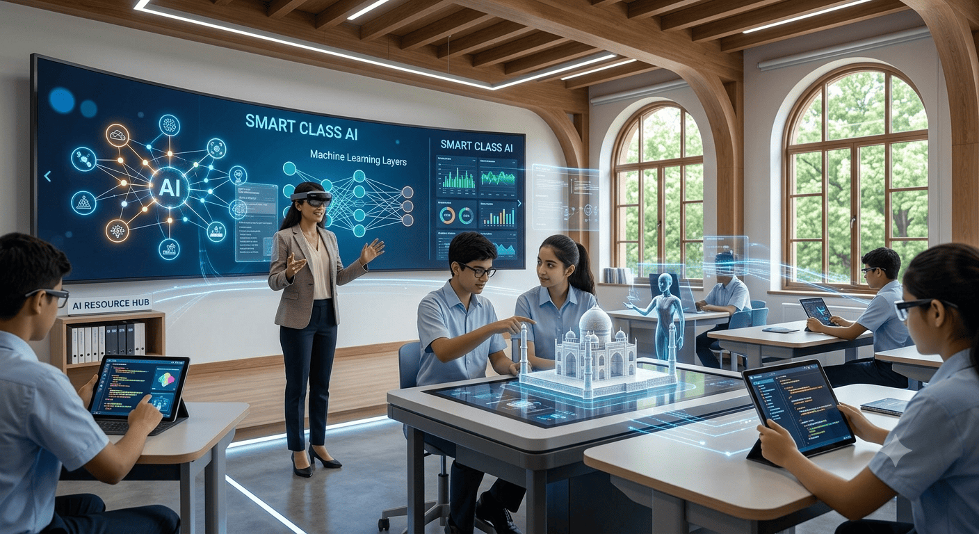 Students exploring an AI-powered smart classroom